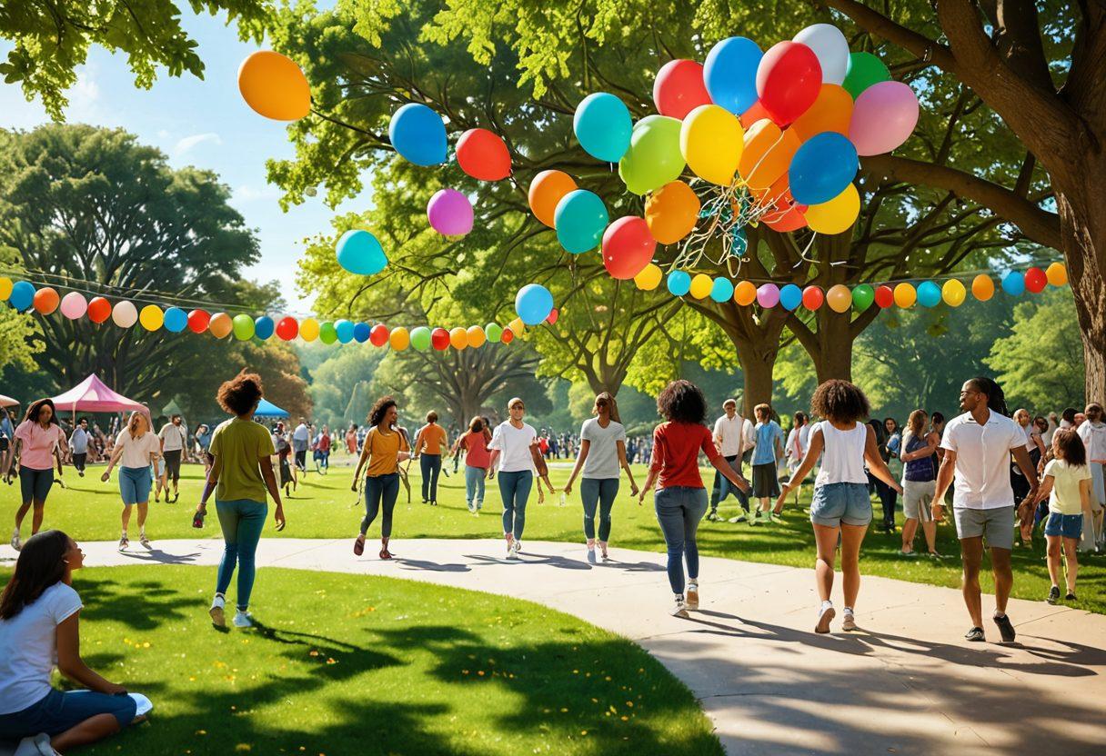 A vibrant and inviting scene featuring a diverse group of people joyfully interacting in a lush park, surrounded by cheerful symbols of flexibility like elastic bands and balloons. In the background, various membership icons float lightly in the air, each radiating positive energy. Sunlight filters through the trees, creating a warm and uplifting atmosphere. super-realistic. vibrant colors. bright and airy composition.