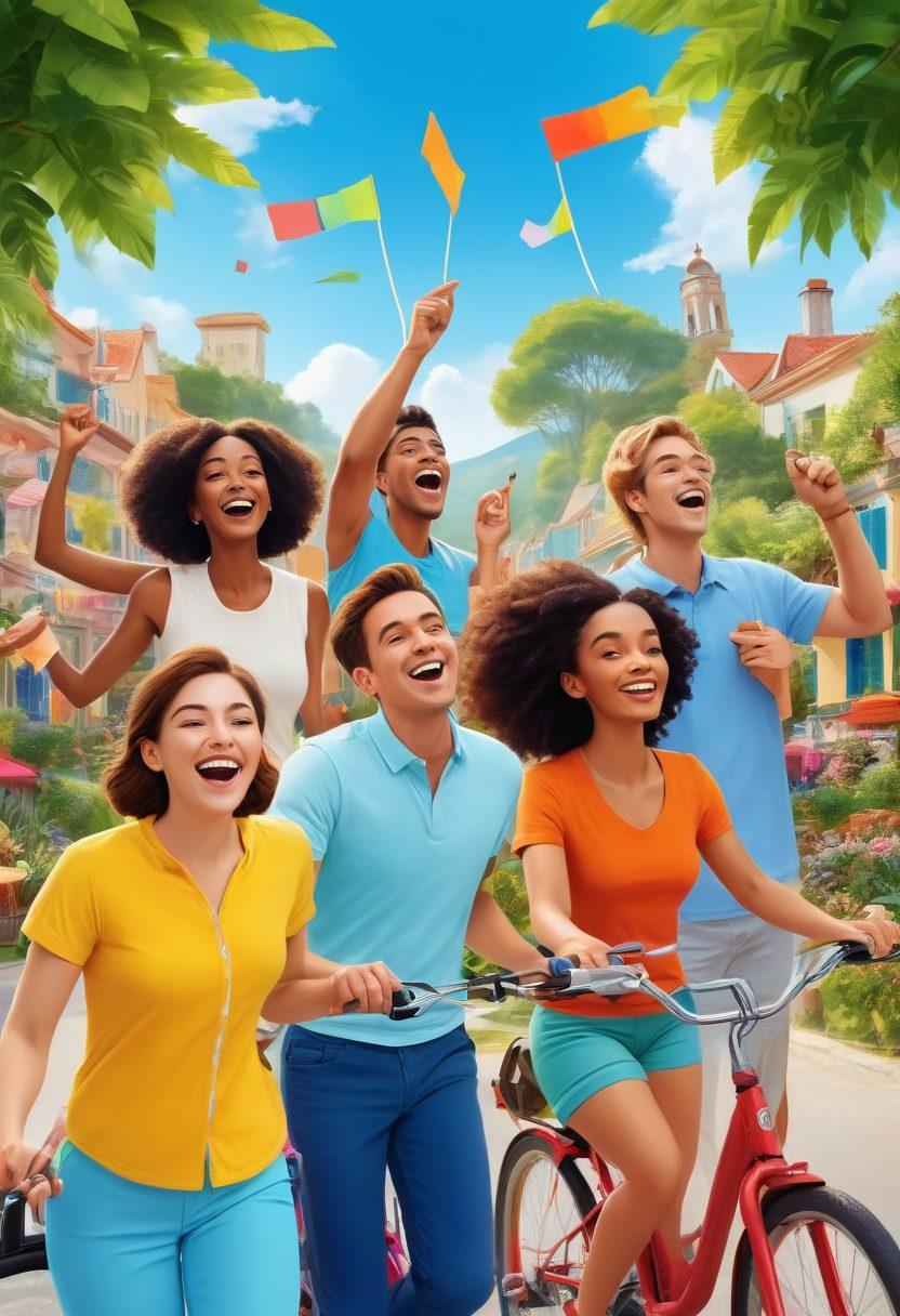 A vibrant scene depicting a diverse group of happy people enjoying life together, each holding a subscription card symbolizing various premium benefits such as travel, entertainment, and wellness. Bright, cheerful colors with elements of nature, relaxation, and fun activities like biking and dining. The background features a sunny sky and lush greenery, conveying a sense of joy and freedom. cartoon style. bright colors. dynamic composition.